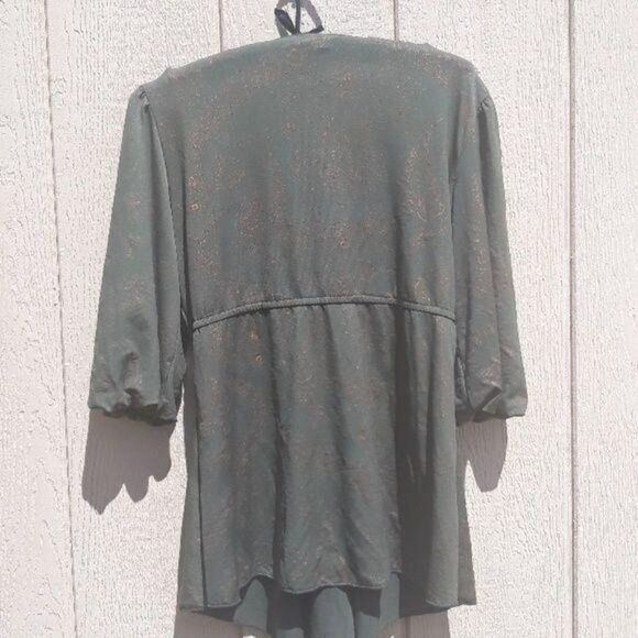 Vintage Peasant Renaissance Tunic Top Pleated Bishop Green Metallic Print  Sz L - Picture 5 of 8